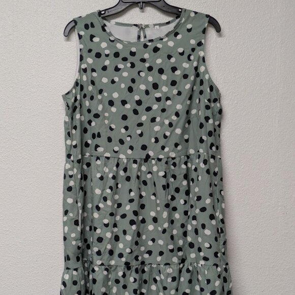 Women's A-line Green Polka Dot Round Neck Sleeveless Ruffle Hem Mini Dress Large - Picture 1 of 5